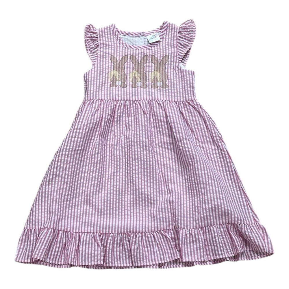 Pink Seersucker Dress with Bunny Embroidery Sketch Design